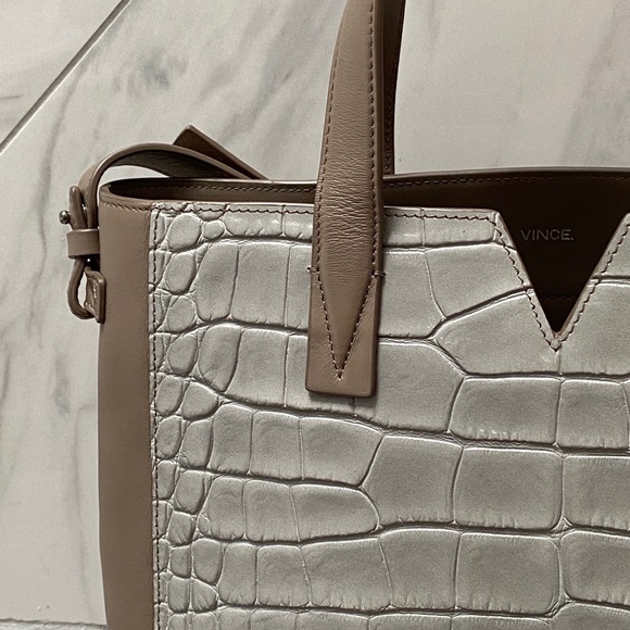 Vince Women Croc Embossed Leather Baby "V" Tote - Picture 2 of 6